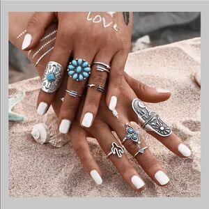9pcs Boho Women ring set desert southwestern NEW all sizes NIP faux turquoise